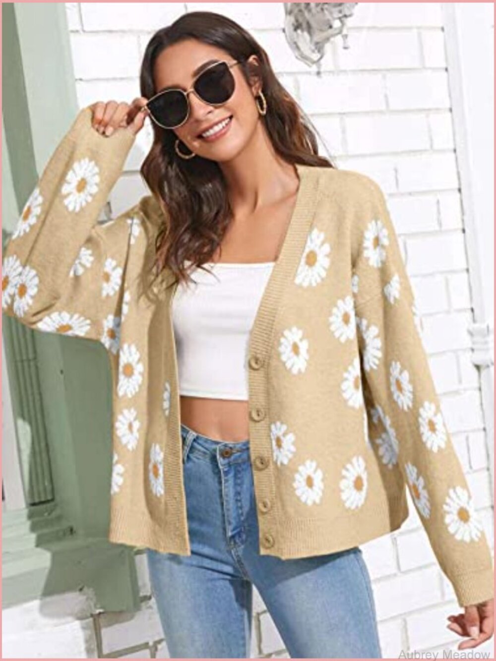 Womens Floral Cardigan Long Sleeve V Neck Open Front Chunky Knit Oversized - Picture 2 of 5